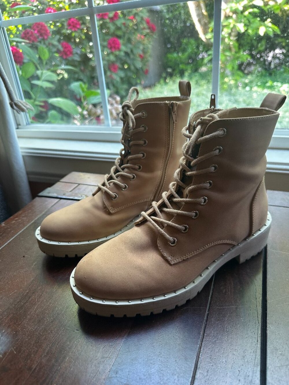 Dolce Vita Studded Combat Boot — Women's 8 | Tan/Nude | Lace-Up + Side Zip